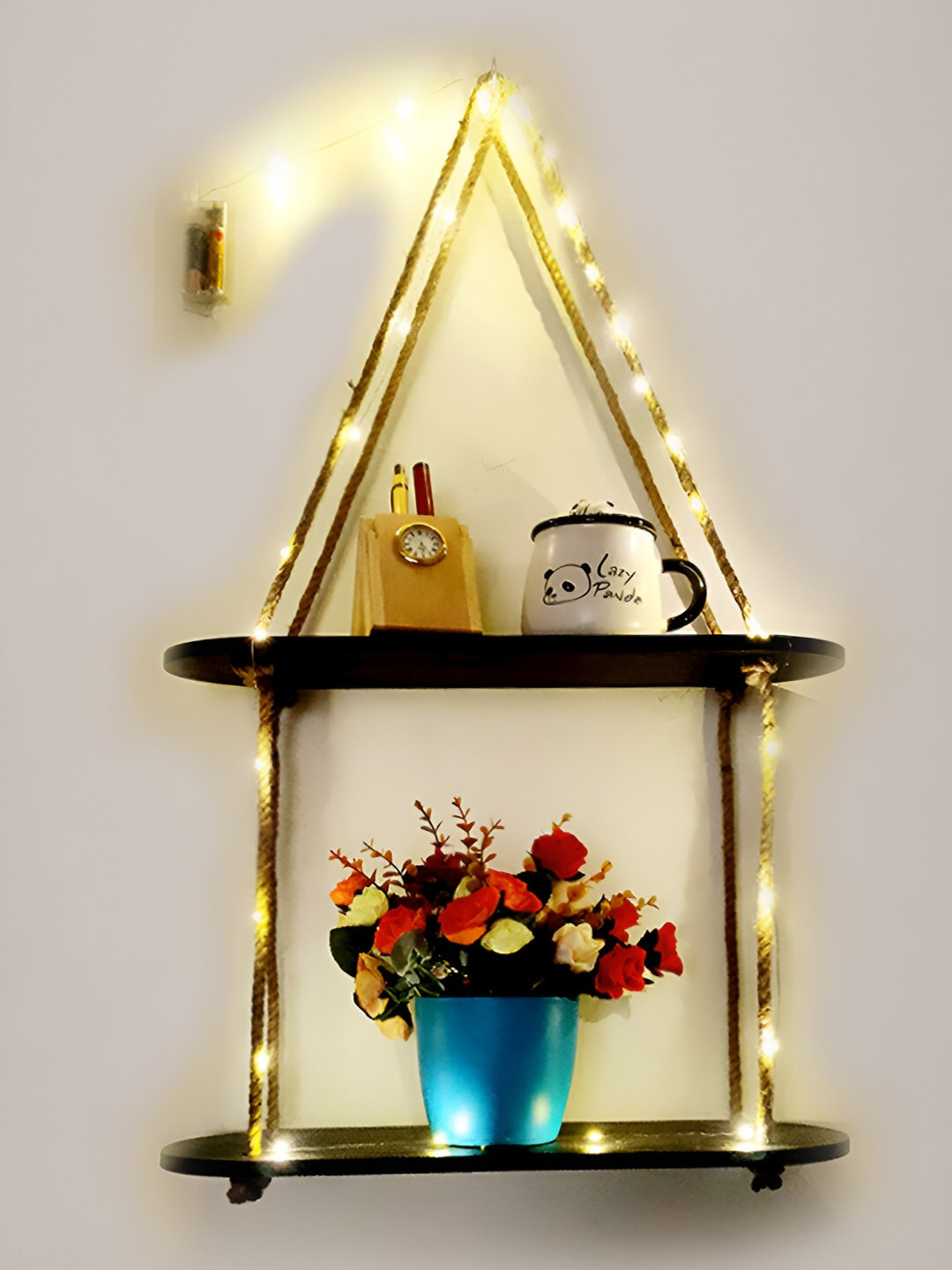 VAH Kya Bat Hai !! Black Wooden Wall Hanging Shelf with Jute Rope & LED Lights