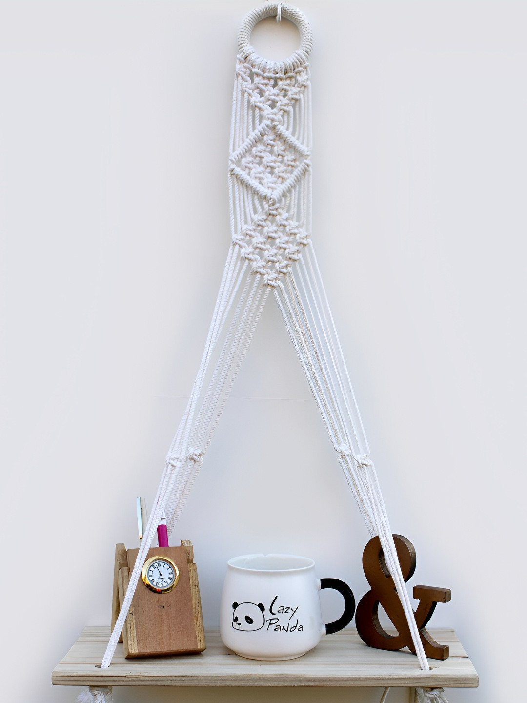 VAH Kya Bat Hai !! White Macrame Diamond Design Wooden Wall Hanging Shelf with Rope