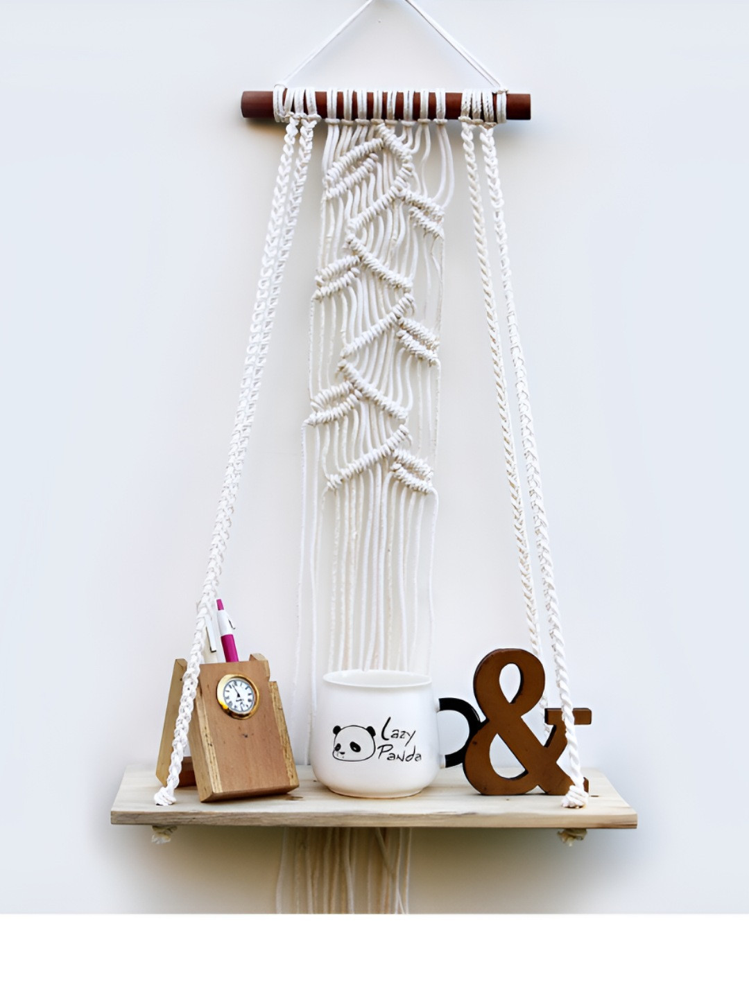 VAH Kya Bat Hai !! White & Brown Macrame Leaves Design Floating Hanging Wall Shelves