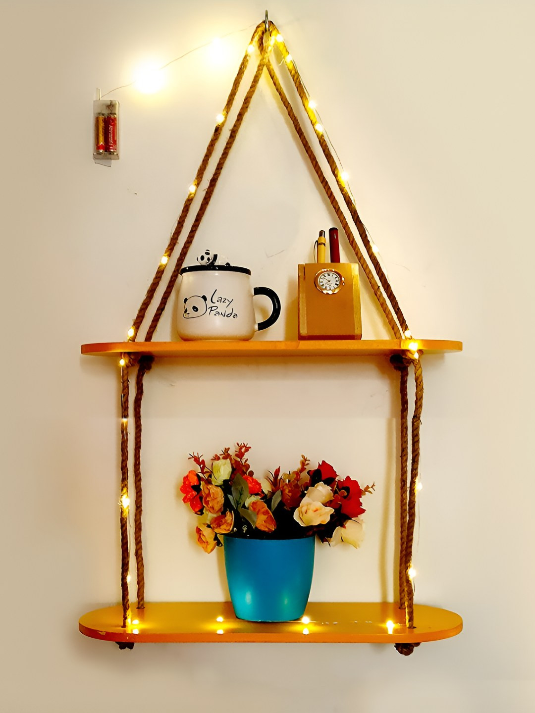 VAH Kya Bat Hai !! Yellow & Brown Wooden 2 Layers Wall Hanging Shelves With LED Light