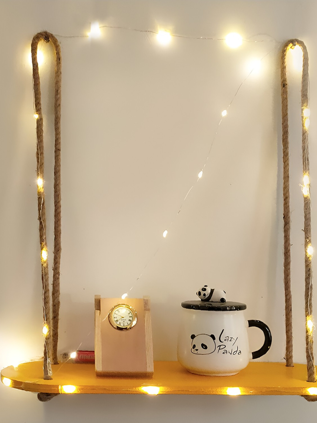 VAH Kya Bat Hai !! Yellow Wooden Wall Hanging Shelf With Jute Rope & LED Lights