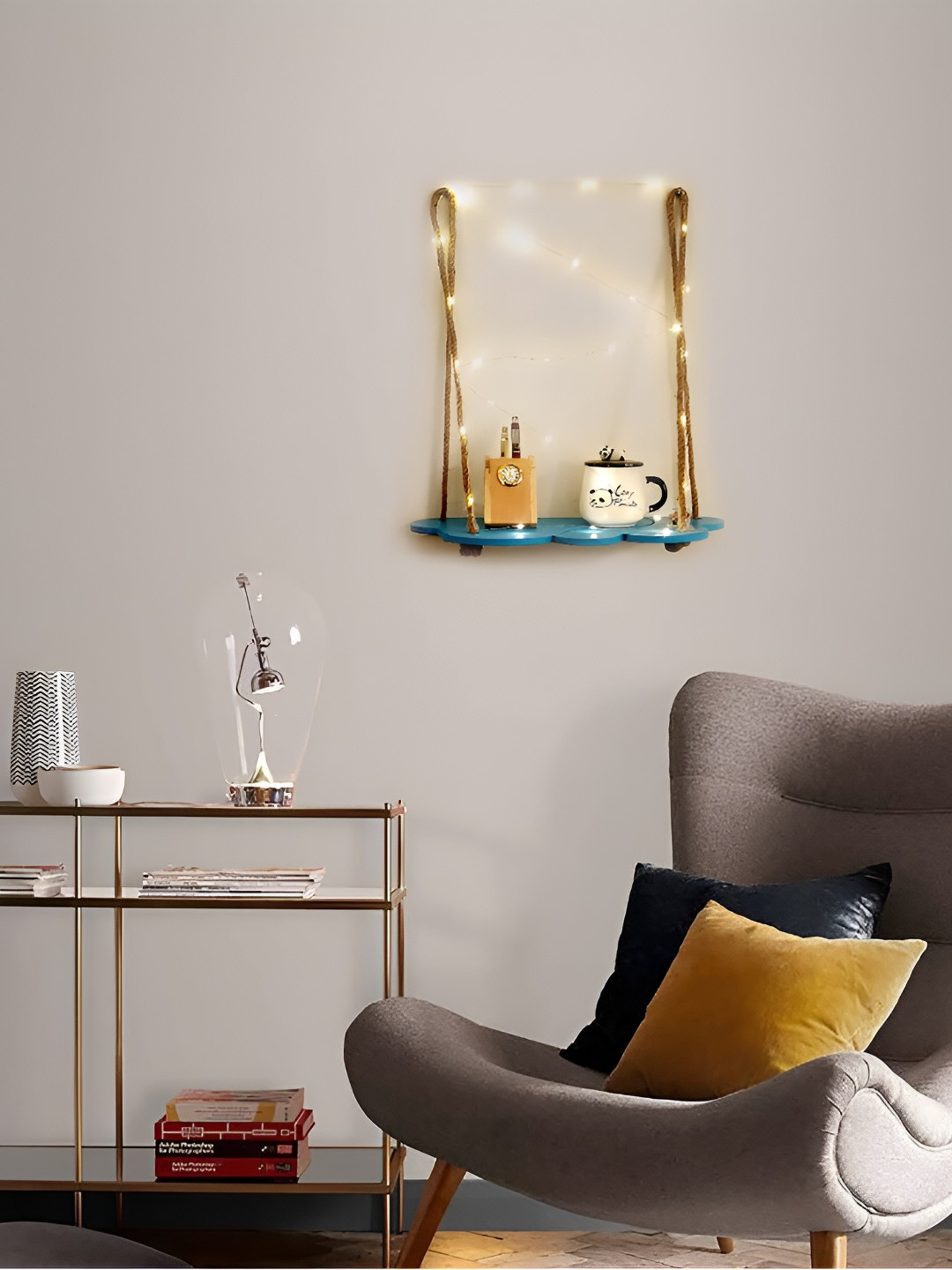 VAH Kya Bat Hai !! Blue Wooden Wall Hanging Shelf with Jute Rope & LED Lights