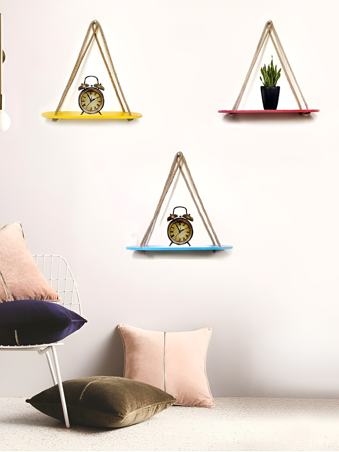 VAH Kya Bat Hai !! Yellow & Red 3 Pieces Wooden Wall Hanging Shelves With Jute Rope