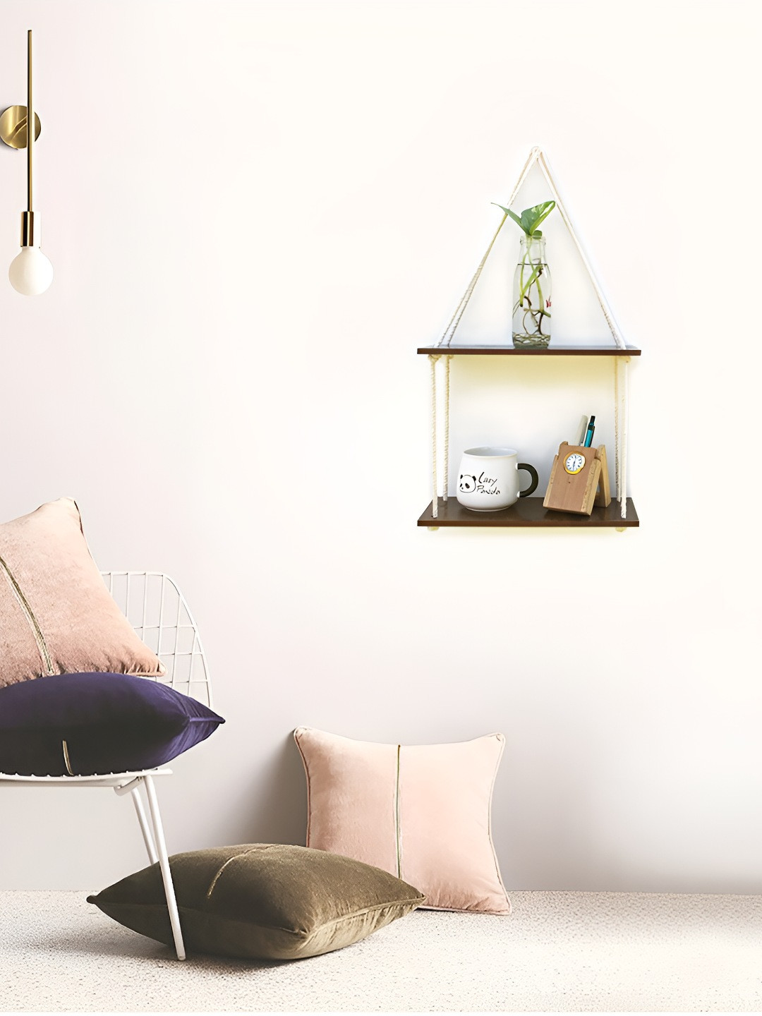 VAH Kya Bat Hai !! White & Brown 2 Layer Wooden Floating Wall Shelves With Jute Rope