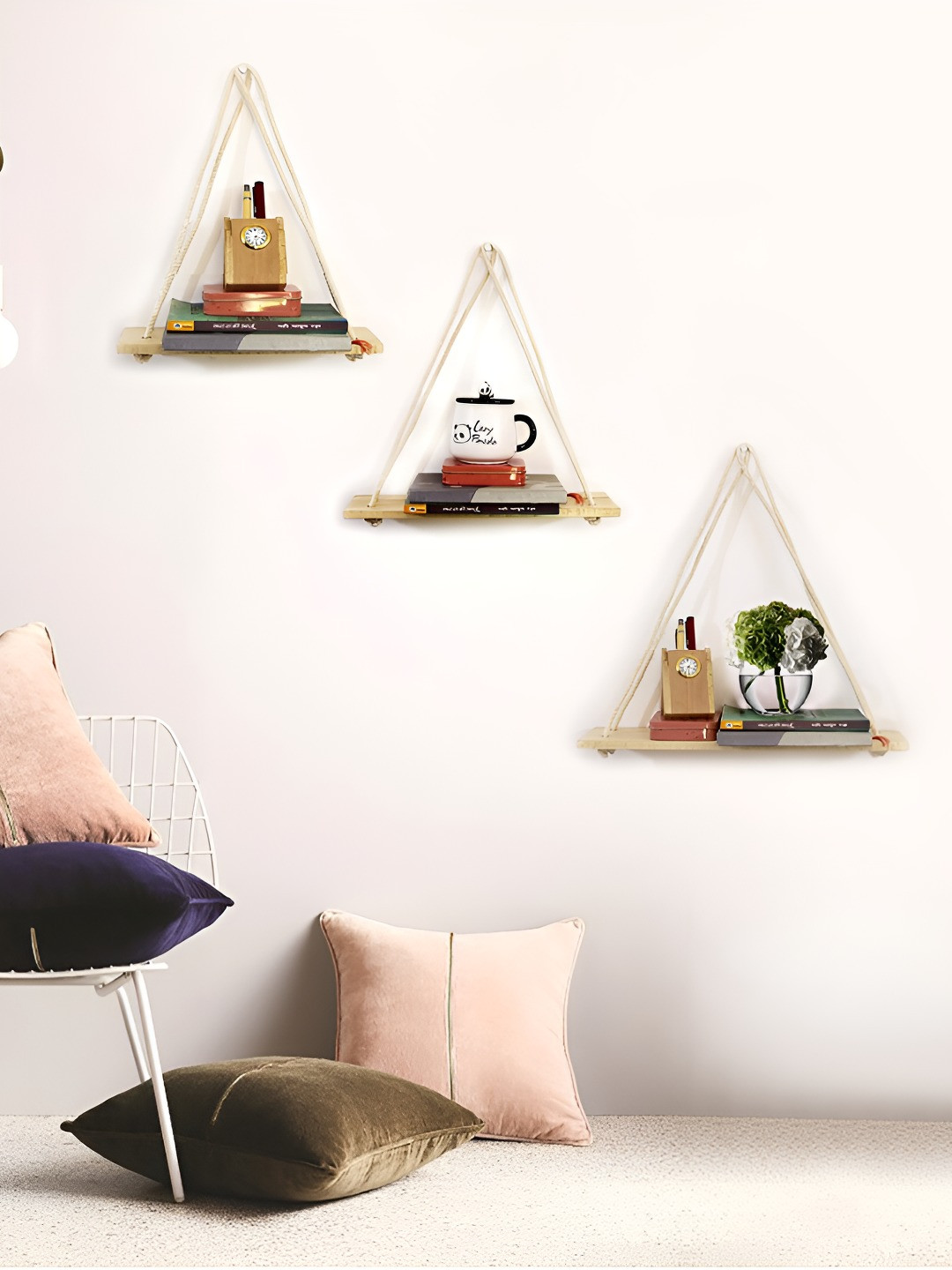 VAH Kya Bat Hai !! Brown & White 3 Pieces Wooden Wall Hanging Shelves With Rope