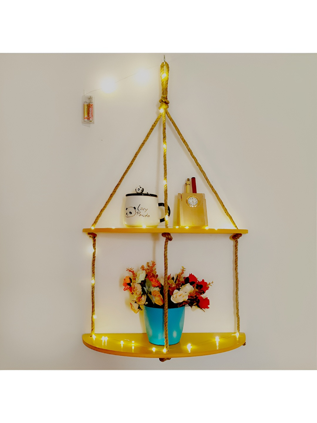 VAH Kya Bat Hai !! Yellow MDF 2 Tier Half Oval Wall Hanging Floating Shelf With LED Light