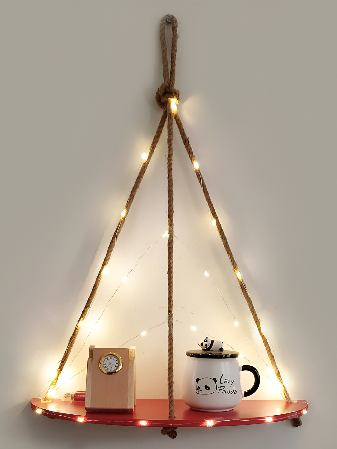 VAH Kya Bat Hai !! Maroon Wooden Half Oval Wall Hanging Shelf with Jute Rope & LED Lights