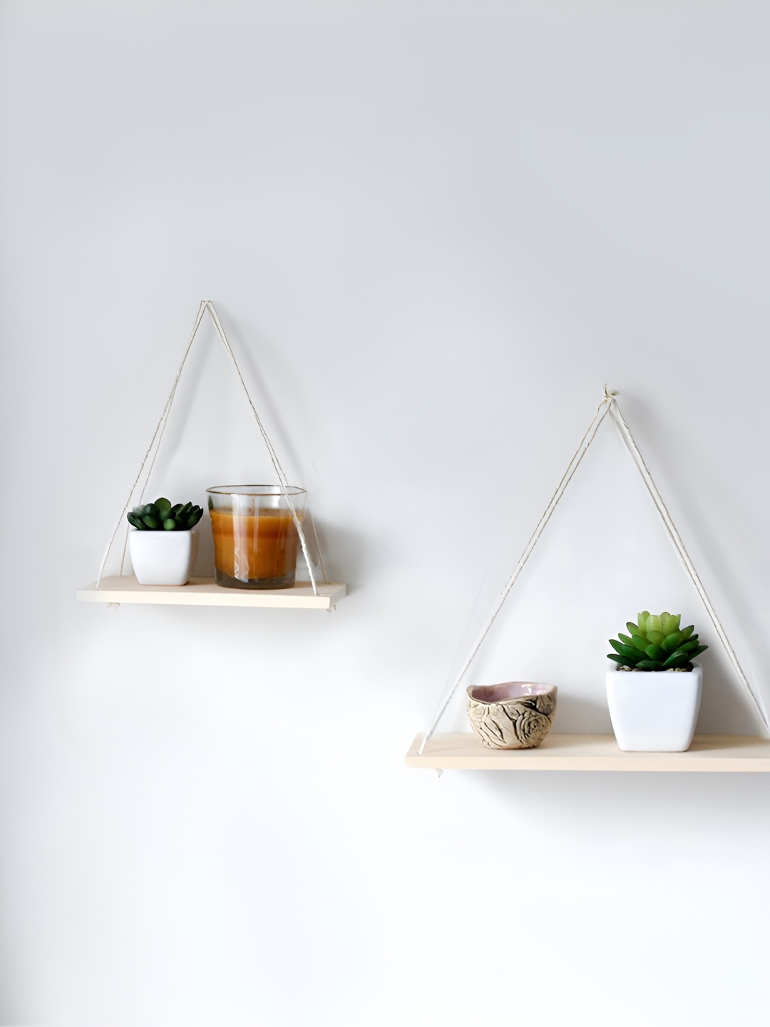 VAH Kya Bat Hai !! White & Beige 2 Pieces Wooden Wall Hanging Shelf With Rope