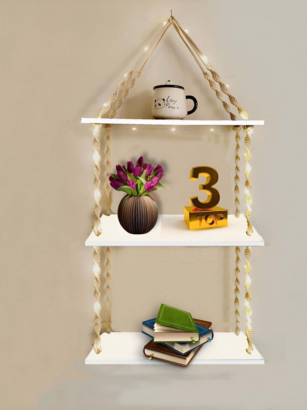 VAH Kya Bat Hai !! White 2 Pieces Wooden Wall Hanging Shelf with Jute Rope & LED Lights