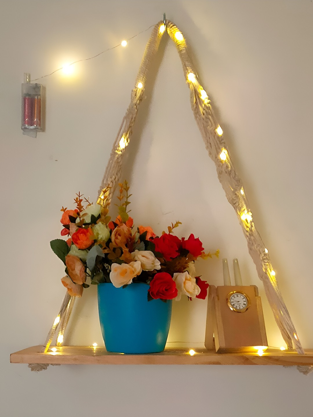 VAH Kya Bat Hai !! Brown MDF Macrame Wall Hanging Floating Shelf With LED Light