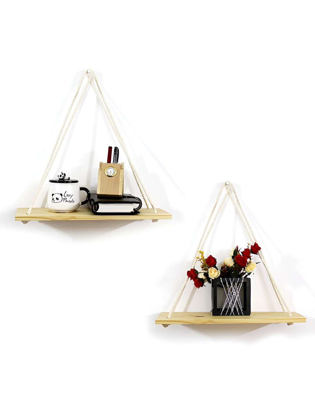 VAH Kya Bat Hai !! Brown 2 Pieces Pine Wood Wall Hanging Shelf with Jute Rope