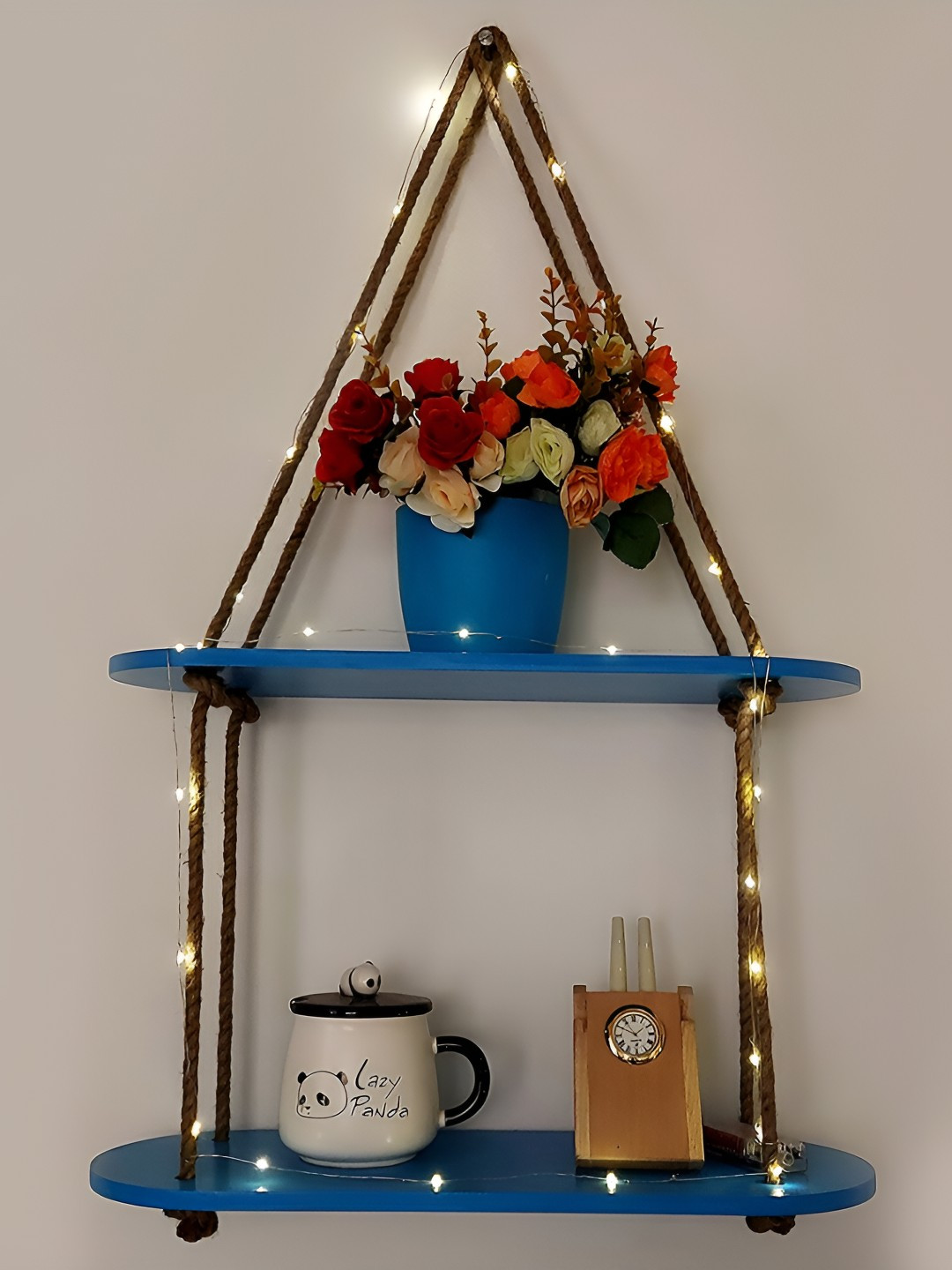 VAH Kya Bat Hai !! Blue & Brown Wooden 2 Layers Wall Hanging Shelves With LED Light