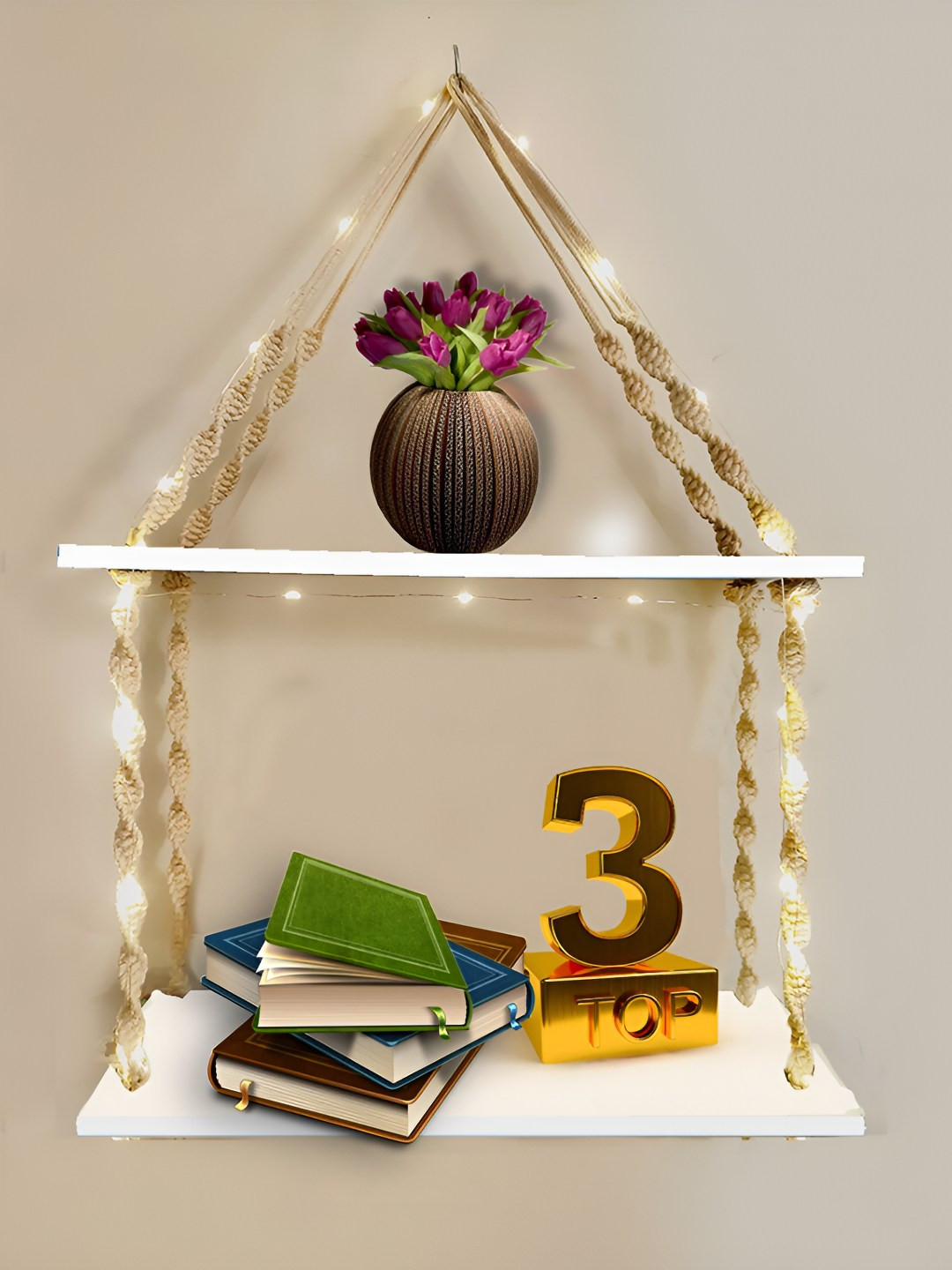VAH Kya Bat Hai !! Brown 2 Pieces Wooded Pine Hanging Shelves with Jute Rope & LED Lights