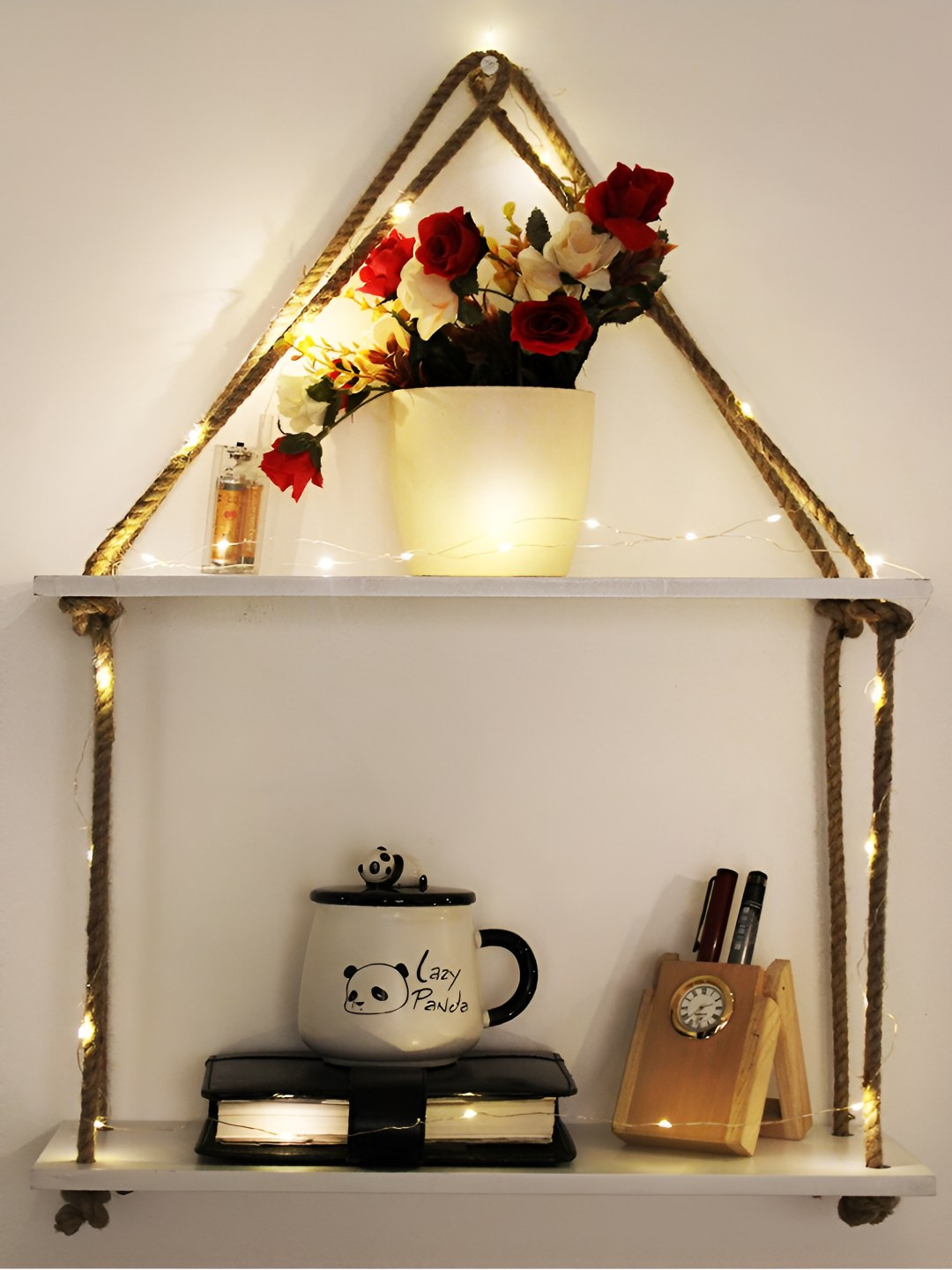 VAH Kya Bat Hai !! White 2 Layer Wooden Floating Wall Shelves With Jute Rope & LED