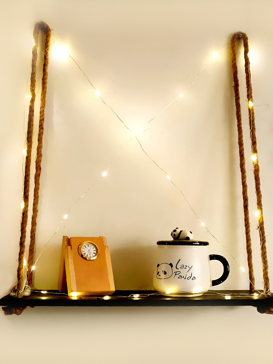 VAH Kya Bat Hai !! White & Brown Wooden 2 Layers Wall Hanging Shelves With LED Light