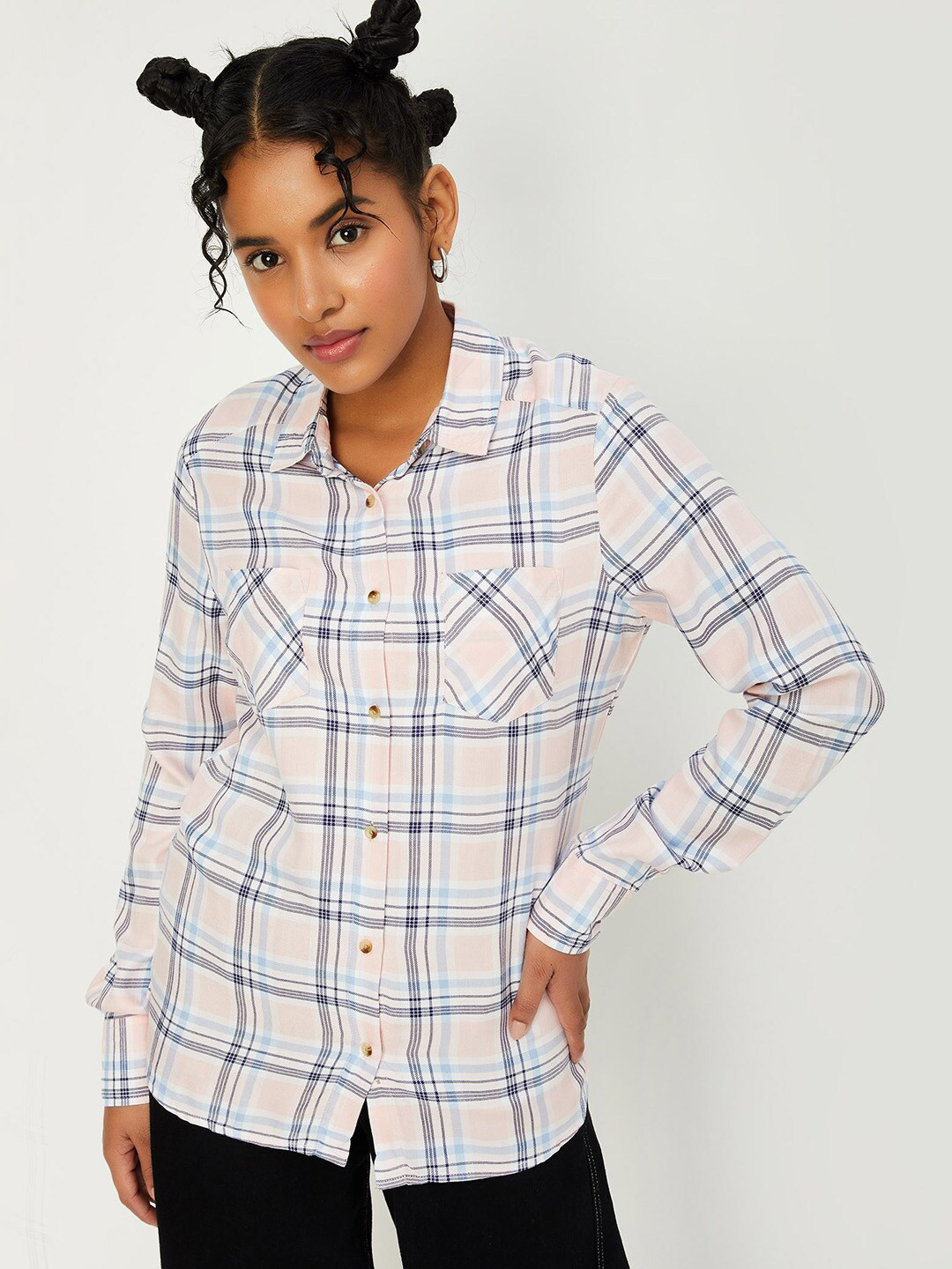 max Windowpane Checks Spread Collar Chest Pocket Casual Shirt