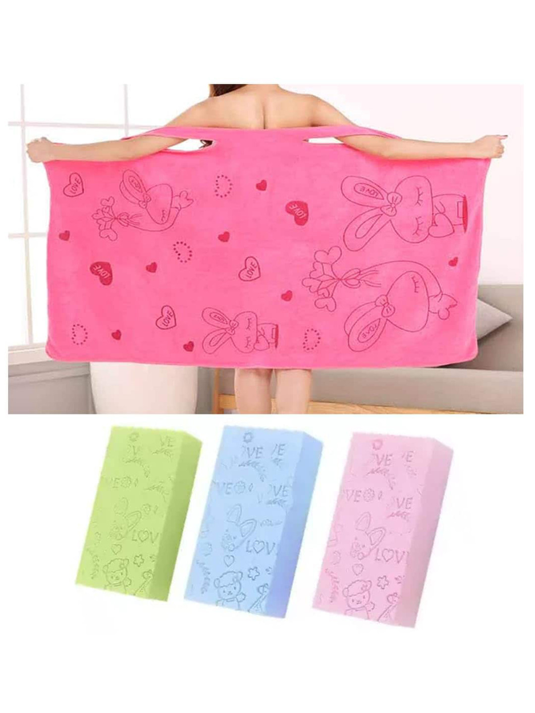 Adbeni Soft Assorted Cotton Slip-On Knee Length Set of 2 Bath Wrap with Bath Sponge Scrub