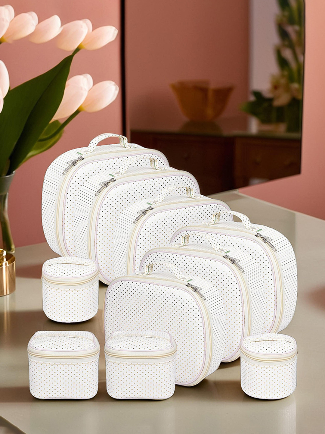 Kuber Industries White & Gold Toned 10 Pieces Regular Makeup Organisers