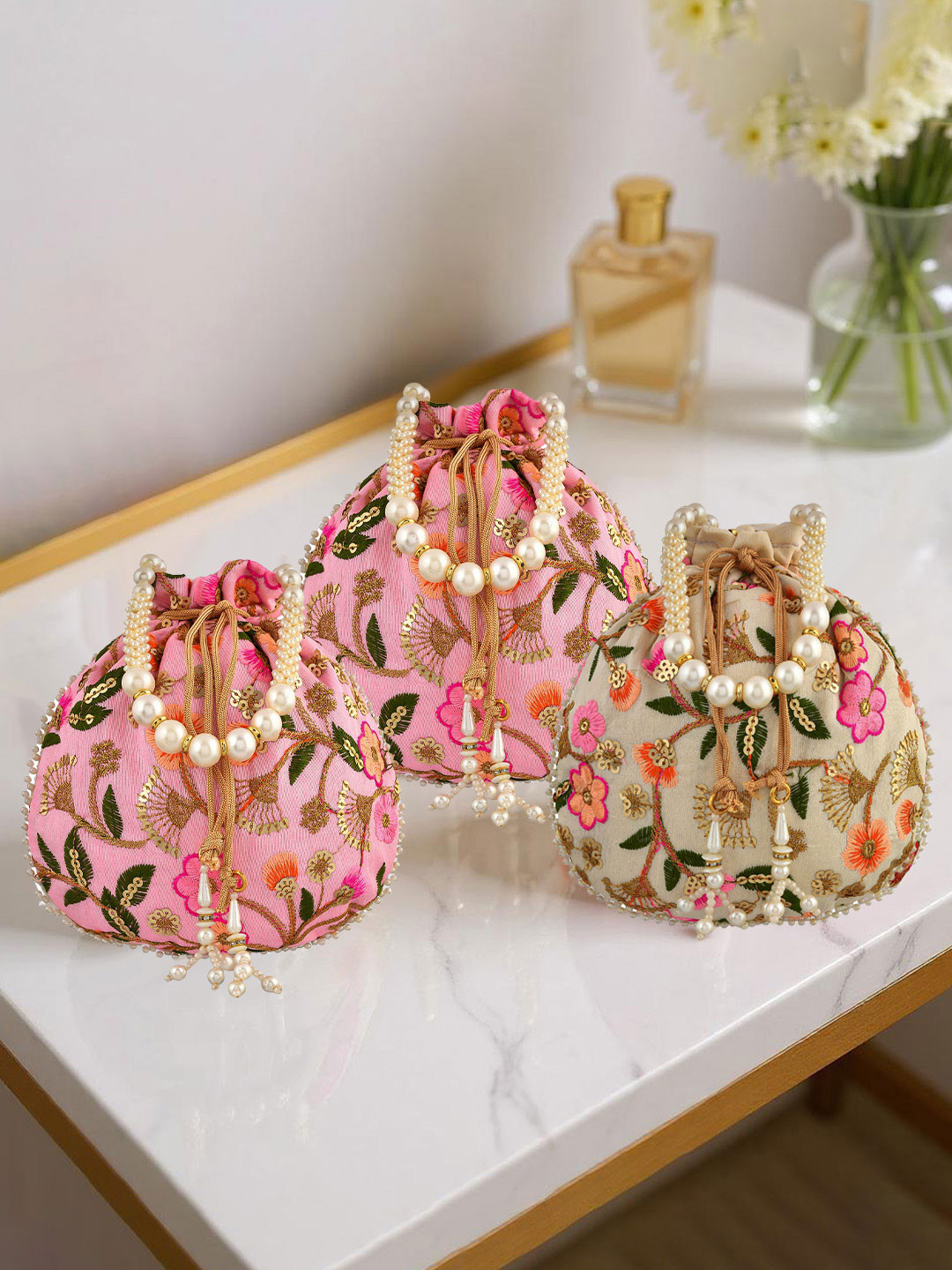 Kuber Industries Set Of 3 Embellished Potli Clutched