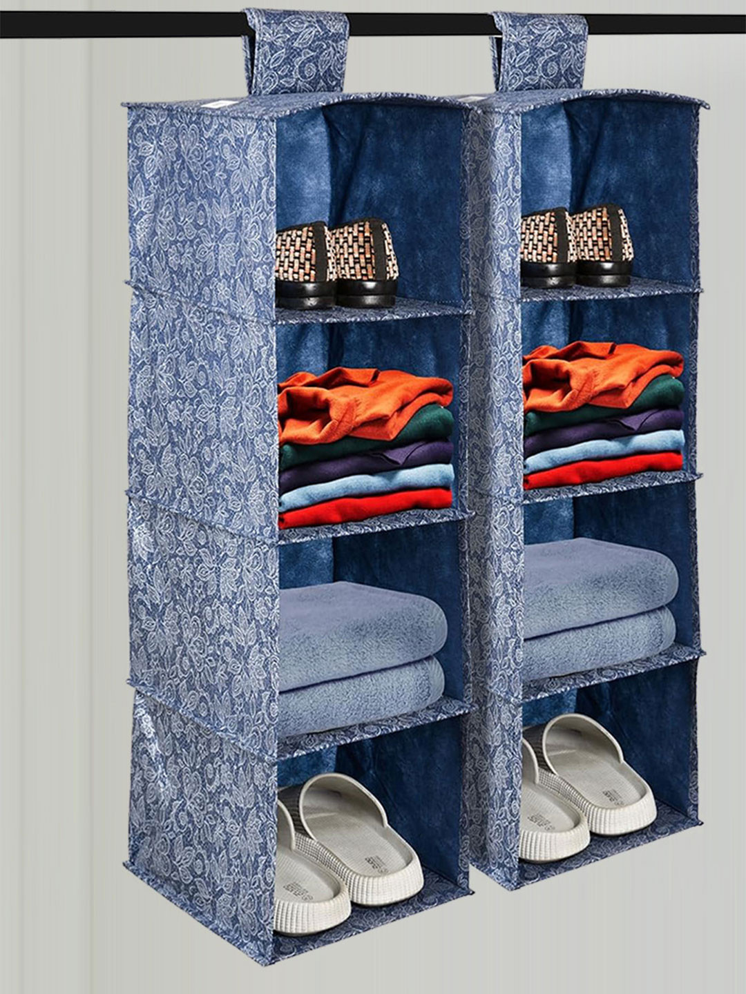 Kuber Industries Blue 2 Pcs Floral Printed Drawer Shoe Rack Organiser