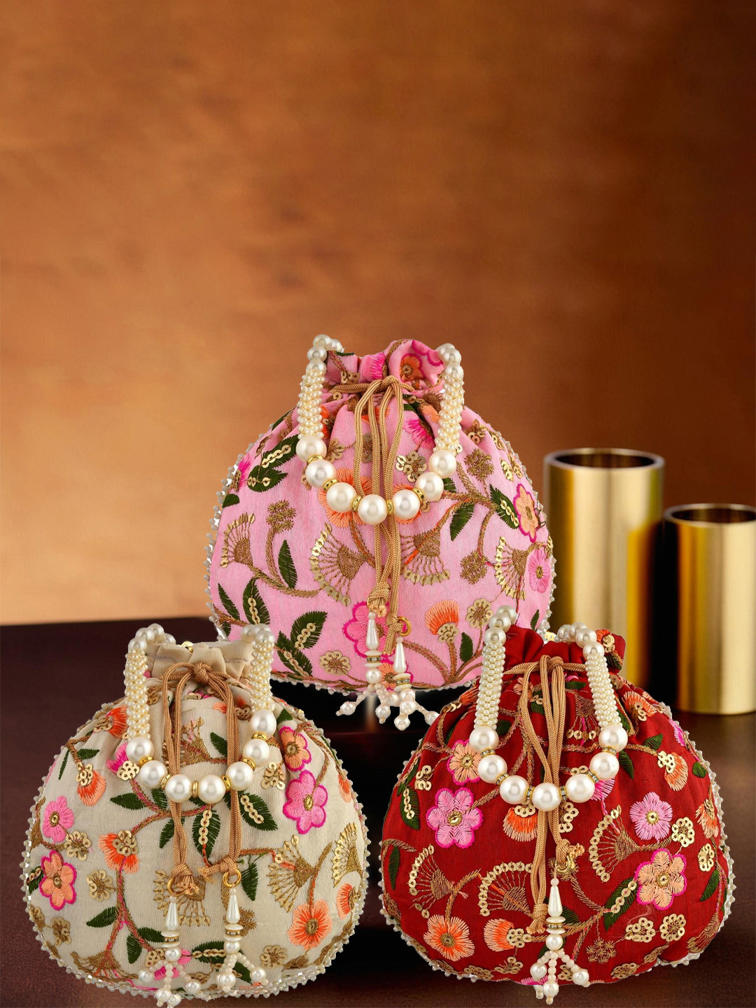 Kuber Industries Set Of 3 Embellished Embroidery Potli