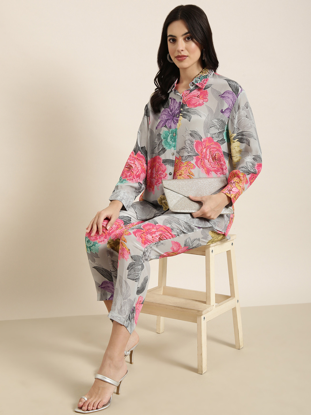 SHOWOFF Floral Printed Long Sleeves Oversized Shirt With Trouser