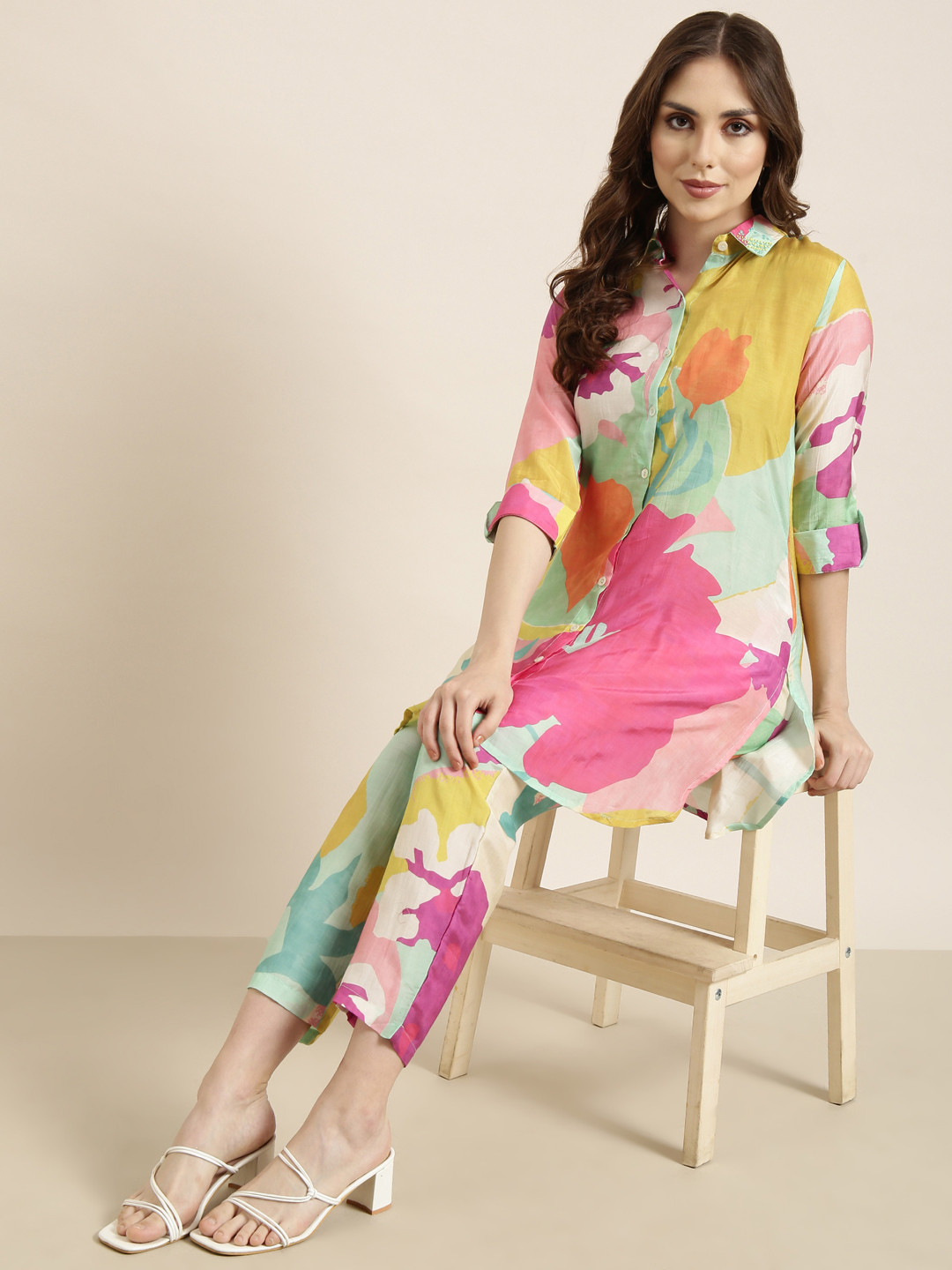SHOWOFF Floral Printed Beaded Shirt With Trouser