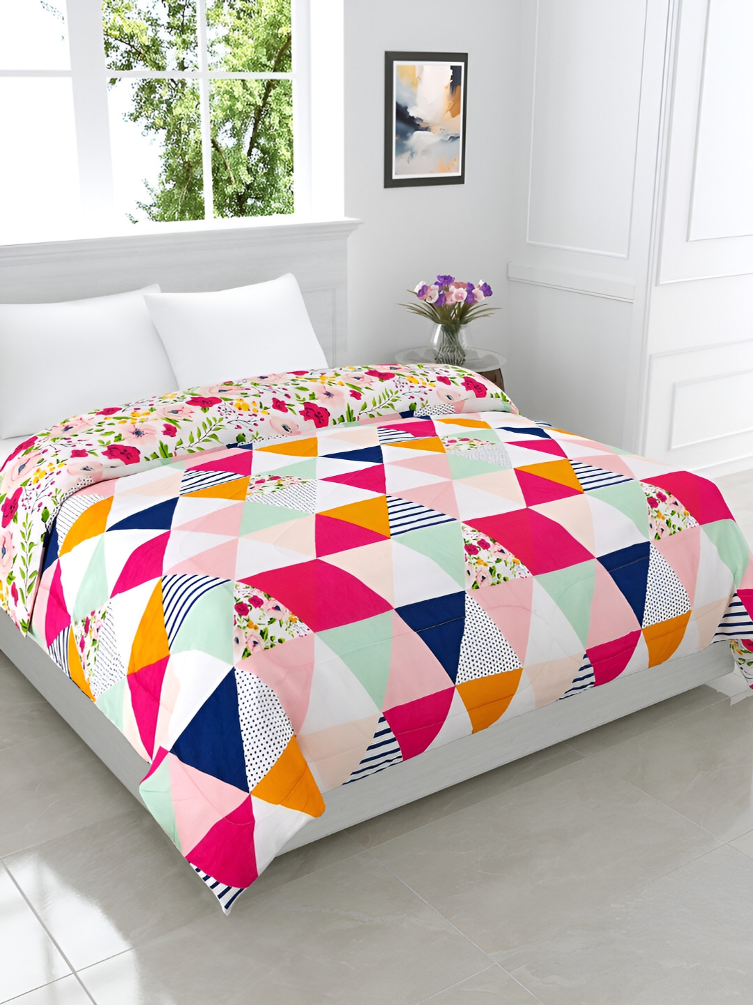 GYT Pink & White Floral Printed Mild Winter Reversible 180 GSM Double Bed Comforter