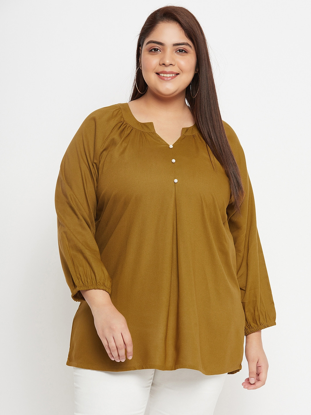 VINAAN Notch Neck Long Puff Sleeve Top