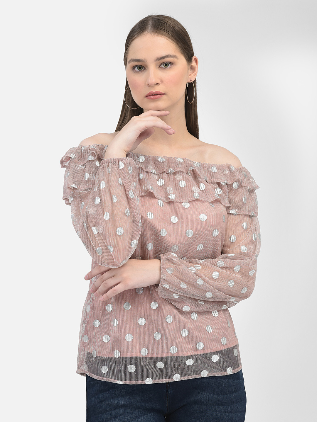 Crimsoune Club Geometric Printed Off-Shoulder Ruffled Top