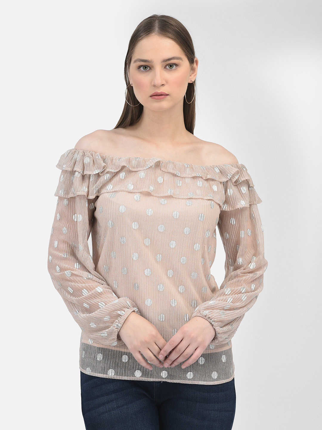 Crimsoune Club Geometric Printed Off-Shoulder Ruffled Top