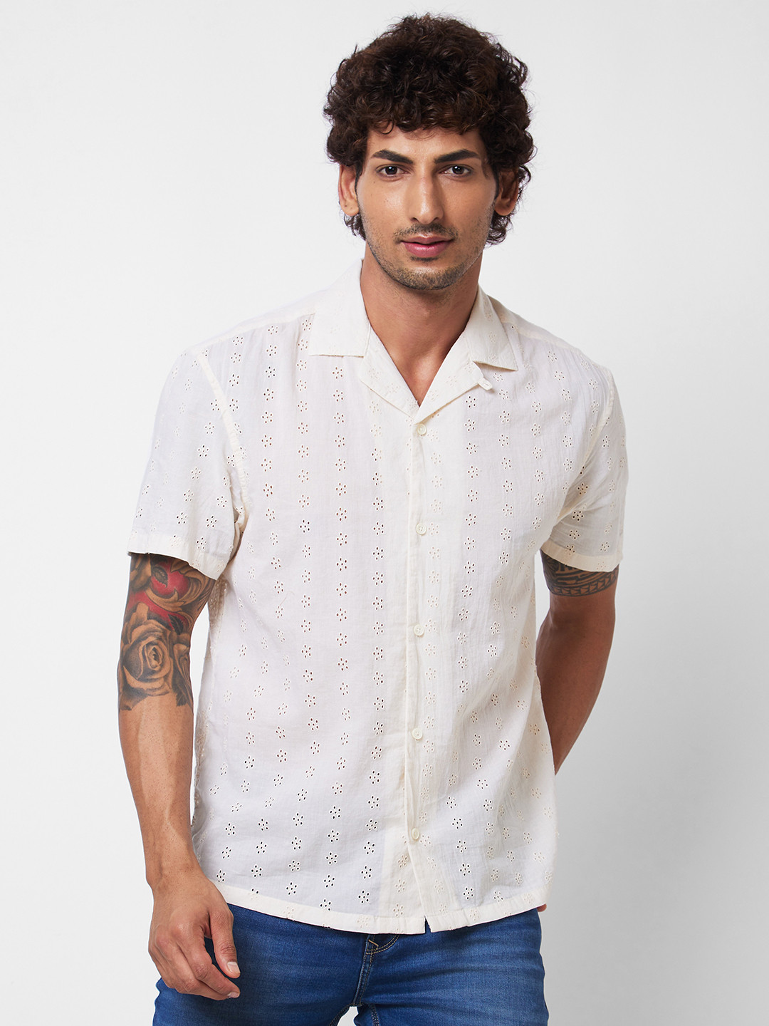 SPYKAR Textured Cuban Collar Cotton Casual Shirt