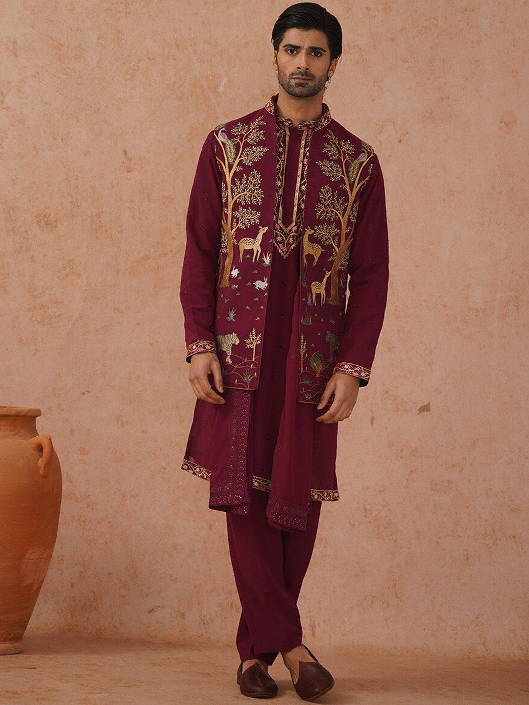KALPRAAG Floral Embroidered Sequinned Straight Jacket Kurta Set