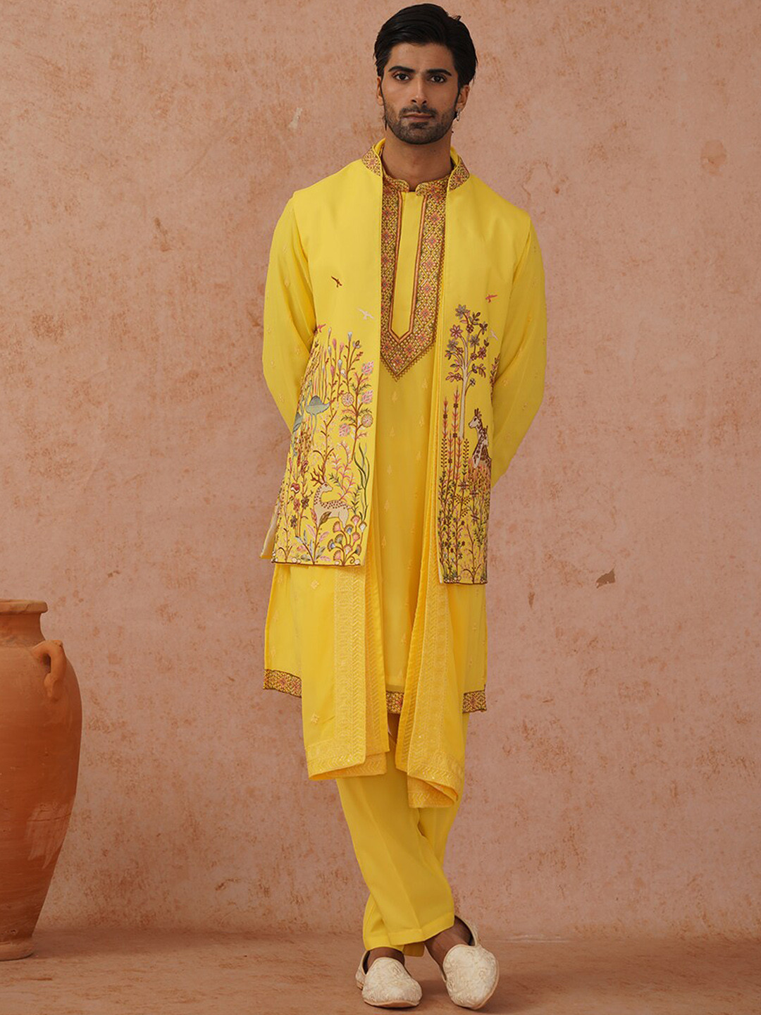 KALPRAAG Floral Embroidered Sequinned Straight Jacket Kurta Set