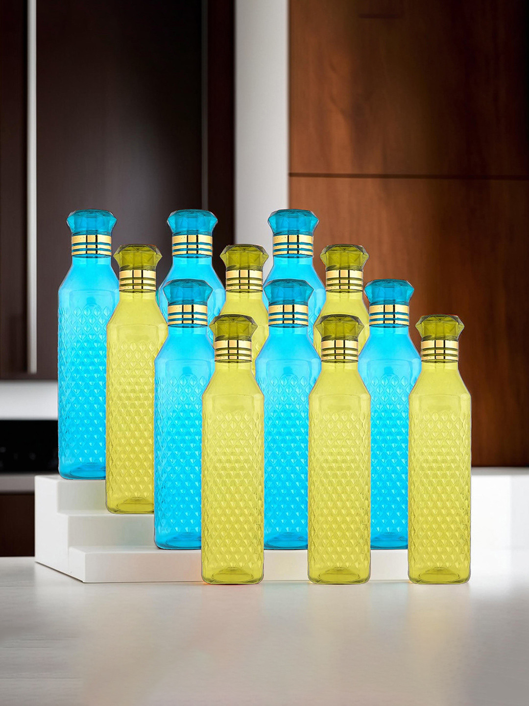 Kuber Industries Crystal Bingo Blue Plastic Spill Proof 12 Piece Water Bottle - 1L