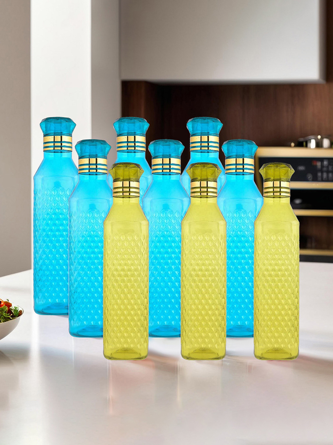 Kuber Industries Square H2O Blue Plastic Spill Proof 9 Piece Water Bottle - 1L