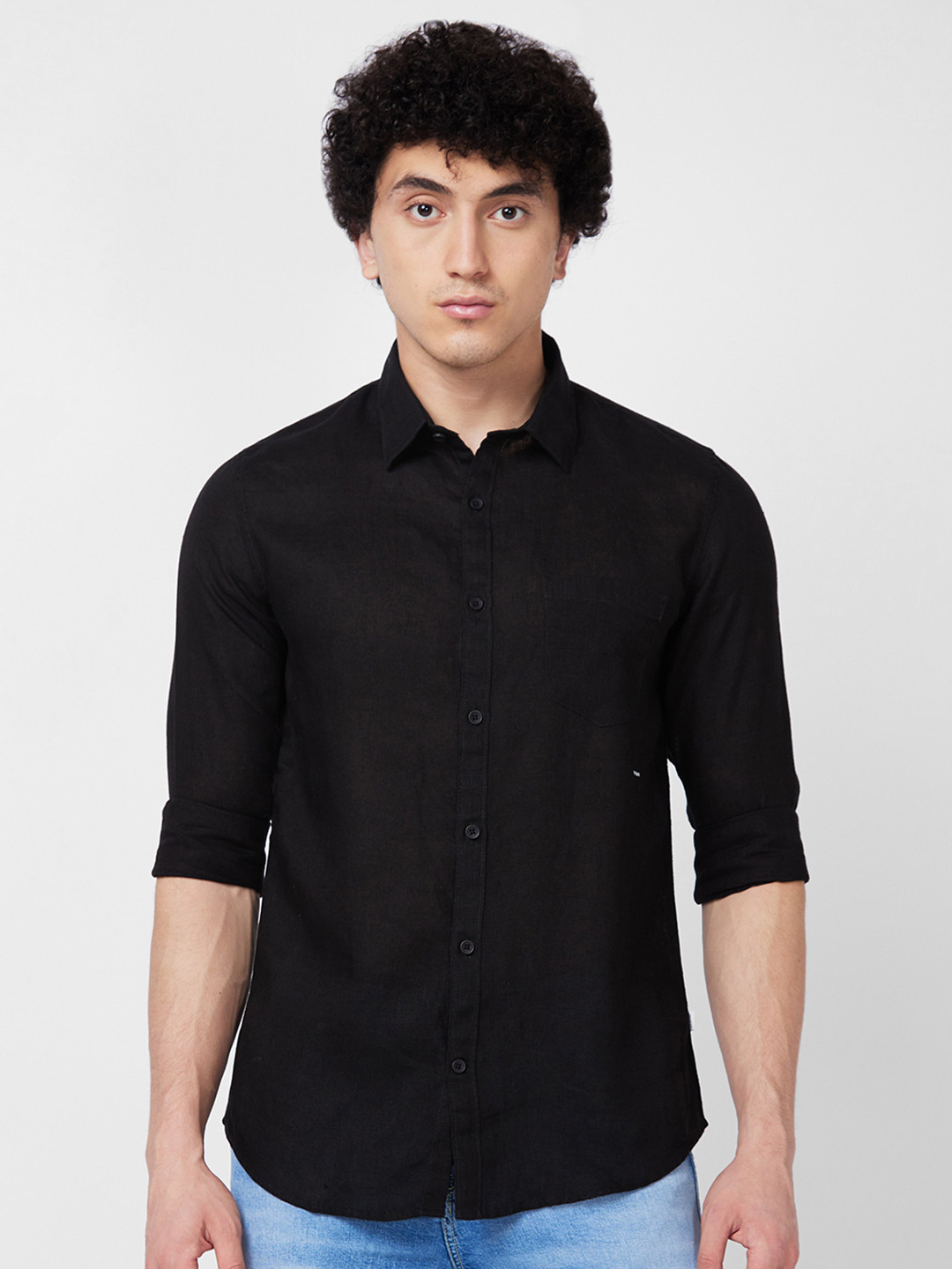 SPYKAR Spread Collar Long Sleeves Pocket Linen Casual Shirt