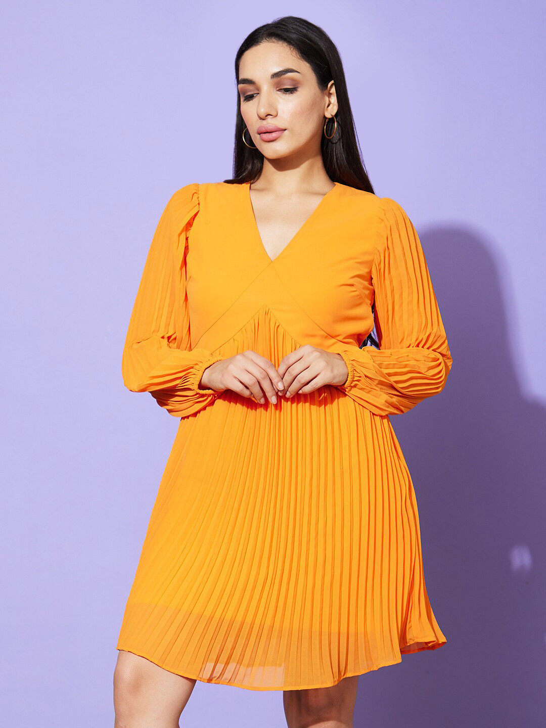 Globus Orange Self Design V Neck Georgette A Line Dress
