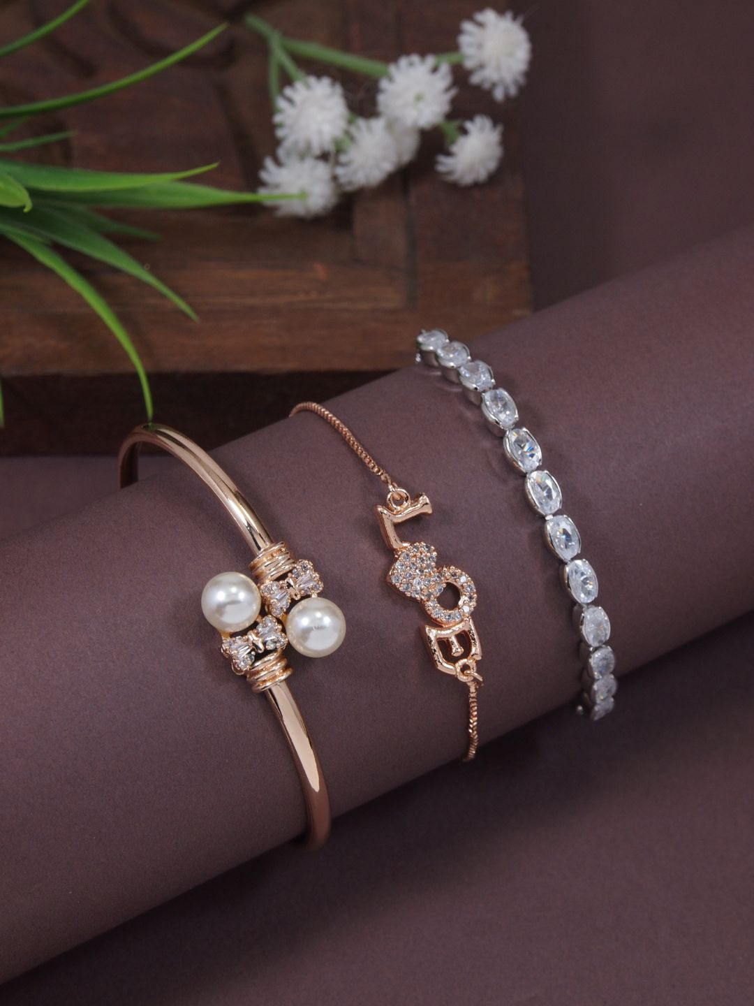I Jewels Set Of 3 Rose Gold Plated Cubic Zirconia Bracelets