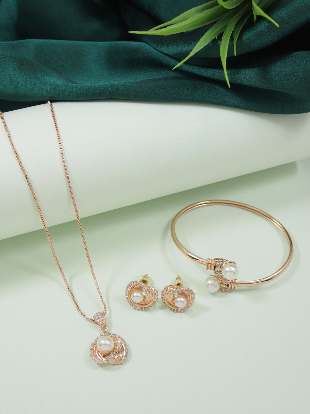 I Jewels Rose Gold-Plated Cubic Zirconia-Studded Necklace and Earrings With Bracelet