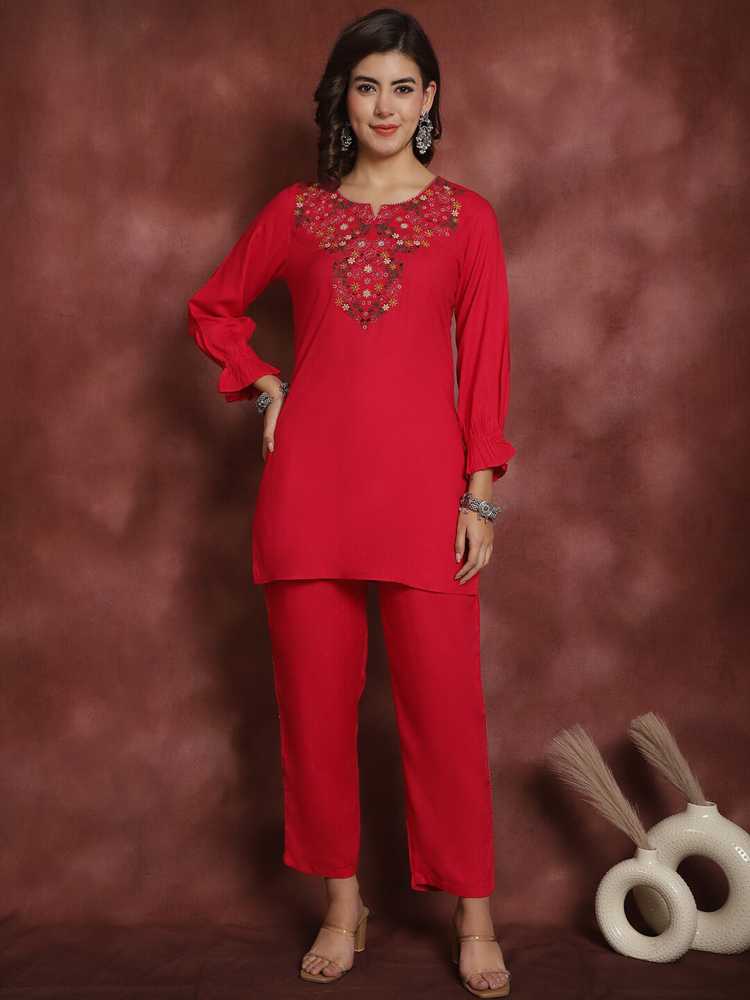 Prakrti Red Floral Embroidered Notch Neck Pure Cotton Tunic With Trouser