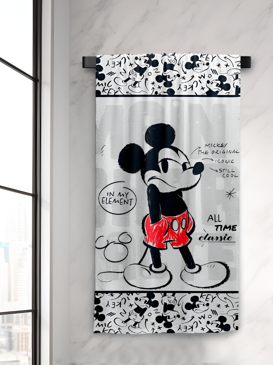 Sassoon White & Black Mickey Mouse Printed Cotton 380 GSM Bath Towel