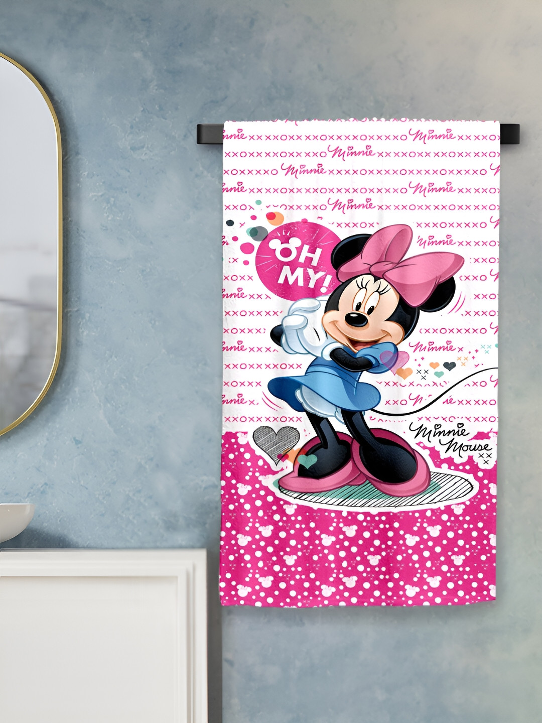 Sassoon Pink & White Minnie Mouse Printed Cotton 380 GSM Bath Towel