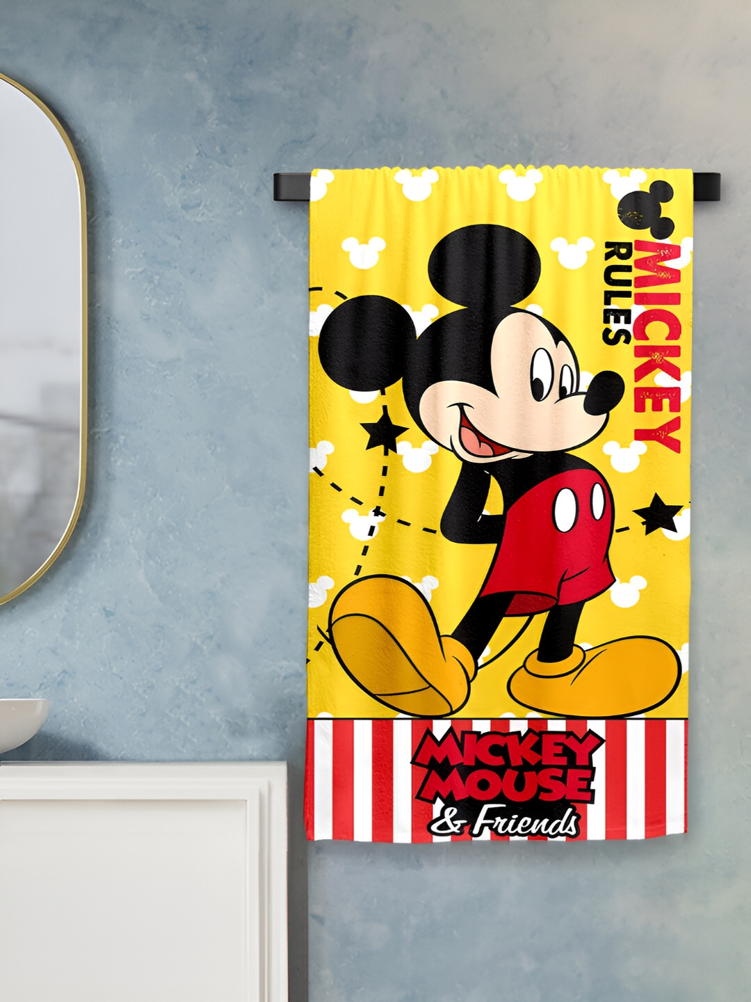 Sassoon Yellow & Black Mickey Printed Cotton 380 GSM Bath Towel