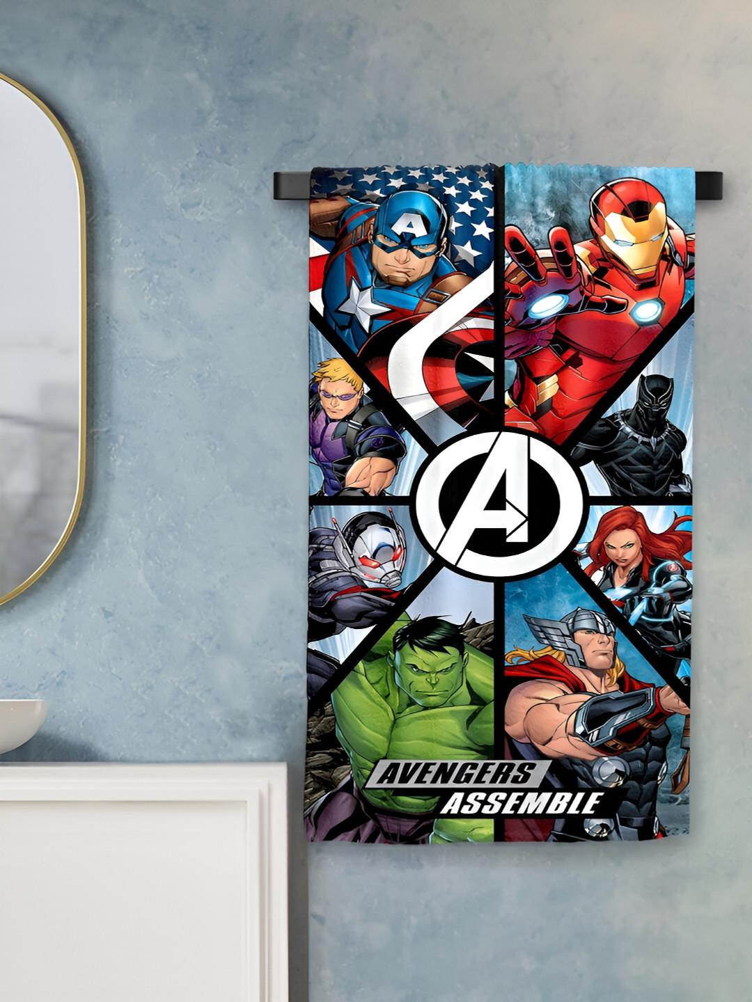 Sassoon Blue & White Avengers Black Printed Cotton 380 GSM Bath Towel