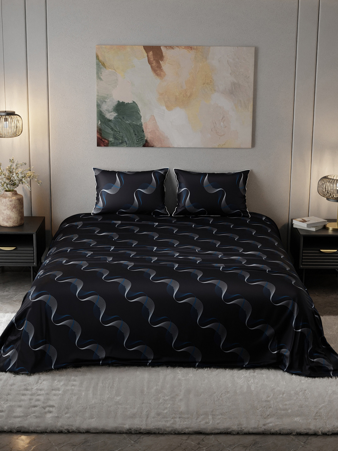 Stoa Paris Noir Collection Teal Floral Polyester 300 TC King Fine Bedsheet with 2 Pillow Covers-108 x 90 inches