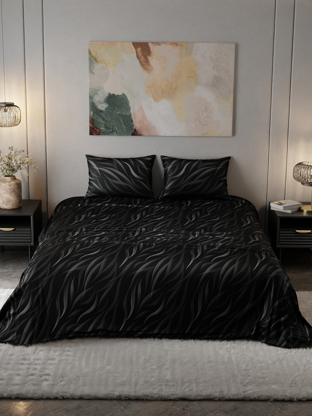 Stoa Paris Noir Collection Grey Abstract Sateen 300 TC King Fine Bedsheet with 2 Pillow Covers-90 x 108 inches