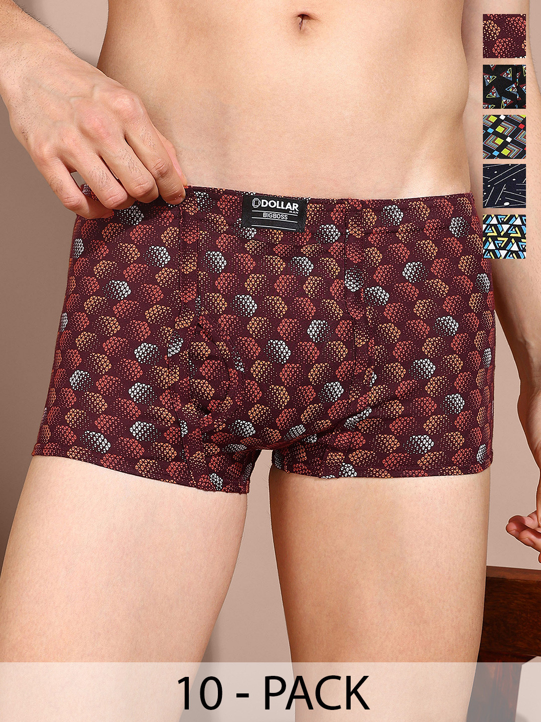 Dollar Bigboss Men Printed Pack of 10 Combed Cotton Under Elastic Trunk