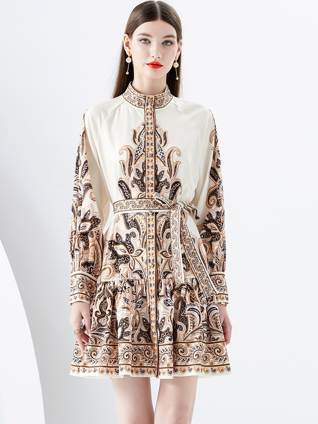 JC Collection Ethnic Motifs Printed Band Collar Above Knee Belted A-Line Dress
