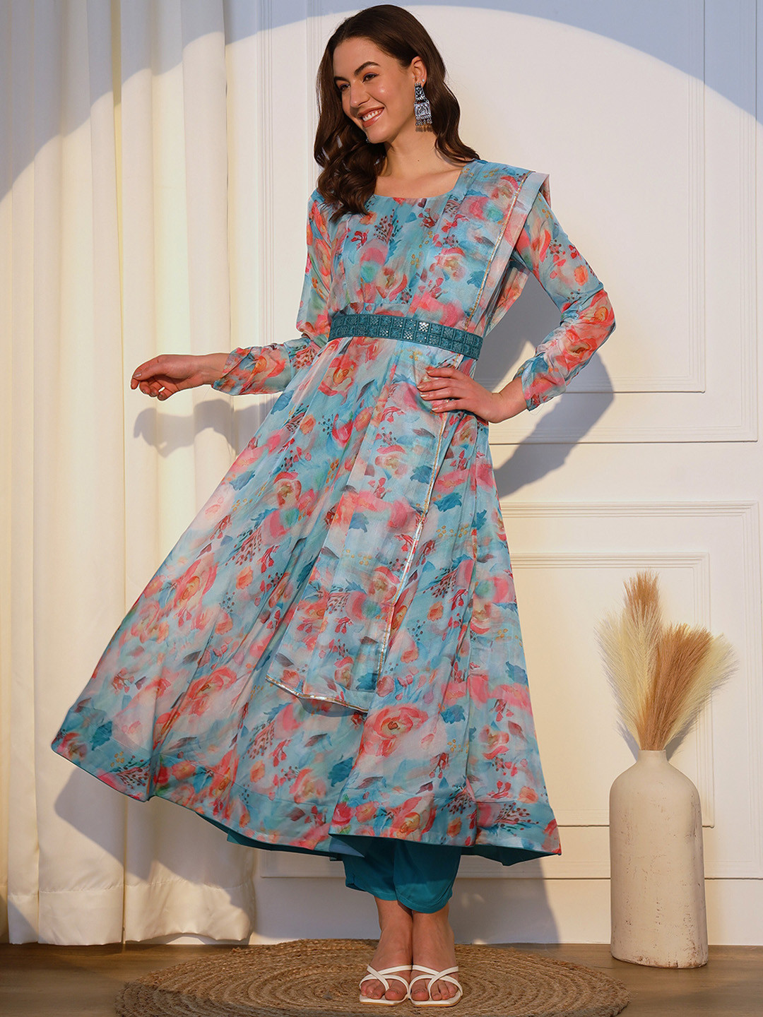 KALINI Floral Printed Anarkali Organza Kurta & Trouser With Dupatta